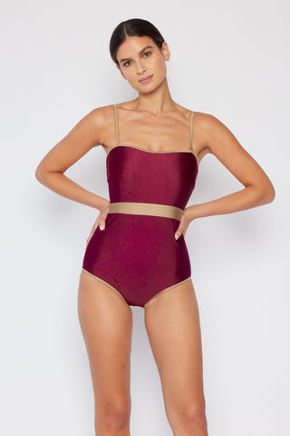 Marina West Swim Wave Break Contrast Trim One-Piece in Wine Trendsi