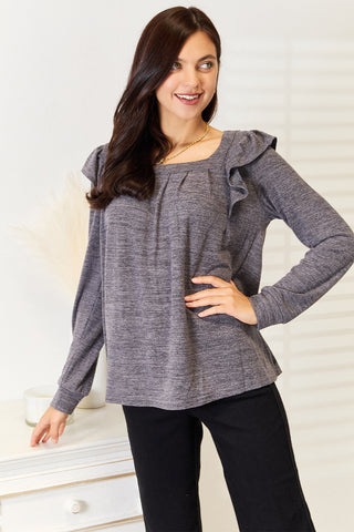 Double Take Square Neck Ruffle Shoulder Long Sleeve T-Shirt Trendsi