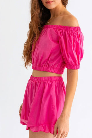 Le Lis Off Shoulder Crop Top and Ruffled Shorts Set Trendsi