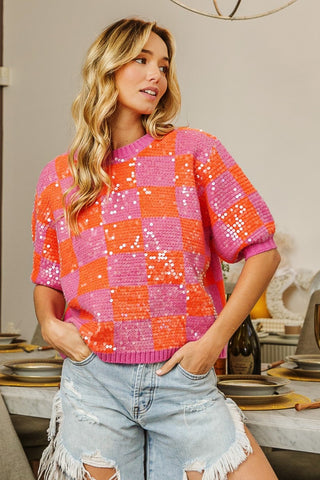 BiBi Checkered Short Sleeve Sequin Sweater Trendsi