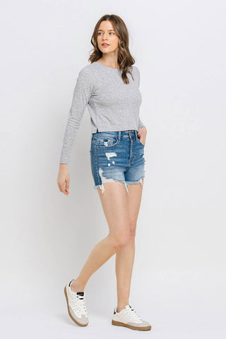 Vervet by Flying Monkey Distressed Raw Hem Denim Shorts Trendsi