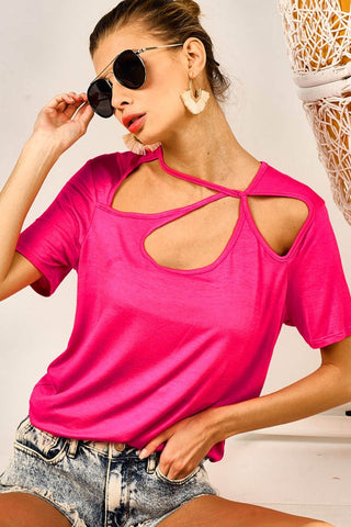 BiBi Cutout Asymmetrical Neck Short Sleeve T-Shirt Trendsi