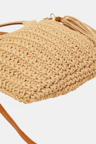 Fame Crochet Knit Convertible Tote Bag with Tassel Trendsi