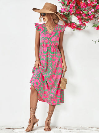 Printed V-Neck Cap Sleeve Dress Trendsi