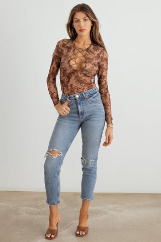 HERA COLLECTION Abstract Mesh Lace-Up Long Sleeve Bodysuit Trendsi