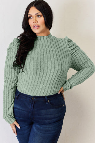 Basic Bae Full Size Ribbed Mock Neck Puff Sleeve T-Shirt Trendsi