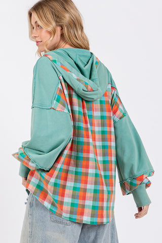 SAGE + FIG Full Size Plaid Print Washed Hoodie Trendsi