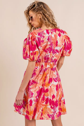 BiBi Floral V-Neck Puff Sleeve Mini Dress Trendsi