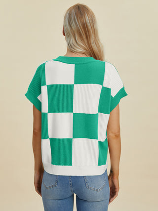 Double Take Full Size Checkered Round Neck Short Sleeve Sweater Trendsi