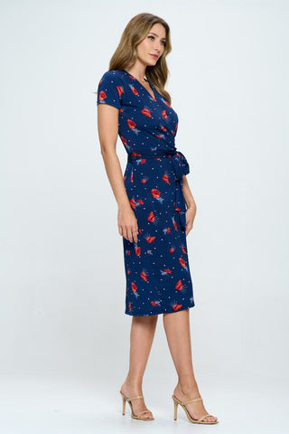 RENEE C Floral Tie Front Surplice Short Sleeve Dress Trendsi