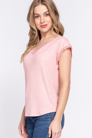 ACTIVE BASIC Lace Trim V-Neck Short Sleeve Ribbed Top Trendsi