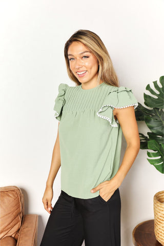 Perfee Pleated Detail Flutter Sleeve Blouse Trendsi