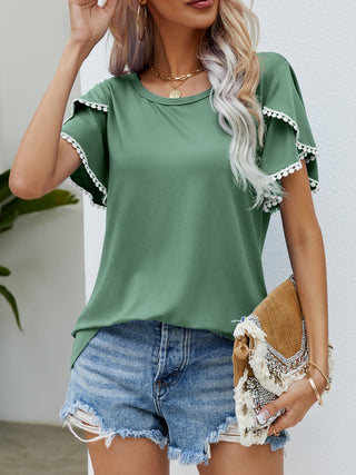 Pom-Pom Trim Flutter Sleeve Round Neck T-Shirt Trendsi