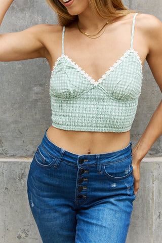 Leto Gingham Daisy Trim Smocked Bustier in Sage Trendsi