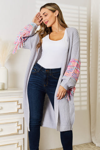 Woven Right Fringe Sleeve Dropped Shoulder Cardigan Trendsi