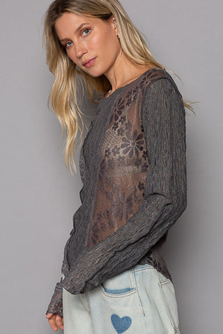 POL Exposed Seam Long Sleeve Lace Knit Top Trendsi