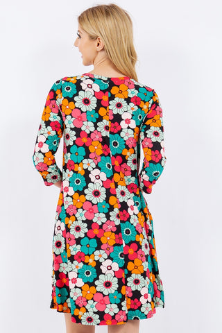 Celeste Full Size Floral Three-Quarter Sleeve Dress with Pockets Trendsi