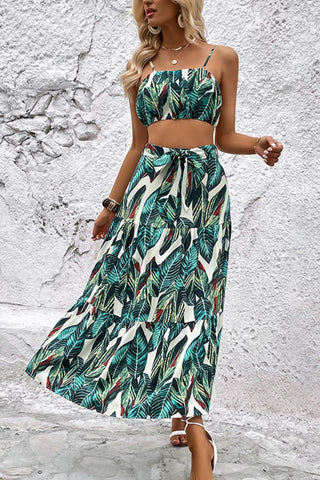 Perfee Botanical Print Cami and Tiered Skirt Set Trendsi