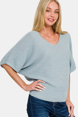 Zenana V-Neck Short Sleeve Dolman Sweater Trendsi