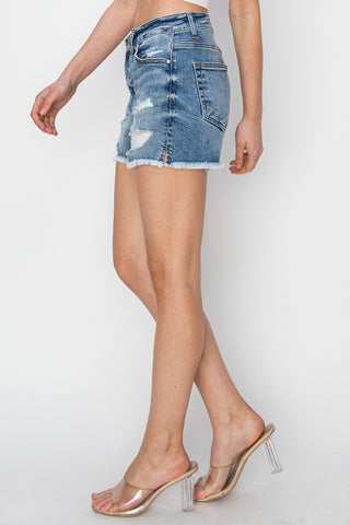 RISEN Stepped Waist Frayed Denim Shorts Trendsi