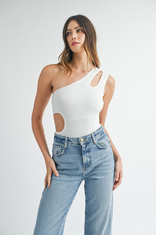 MABLE One Shoulder Ribbed Cutout Detail Bodysuit Trendsi