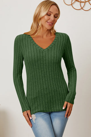 Basic Bae Full Size Ribbed V-Neck Long Sleeve T-Shirt Trendsi