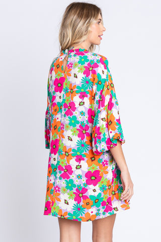 GeeGee Full Size Floral Round Neck Lantern Sleeve Mini Dress Trendsi