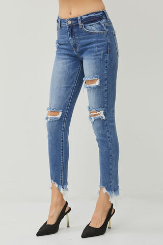 RISEN Distressed Frayed Hem Slim Jeans Trendsi