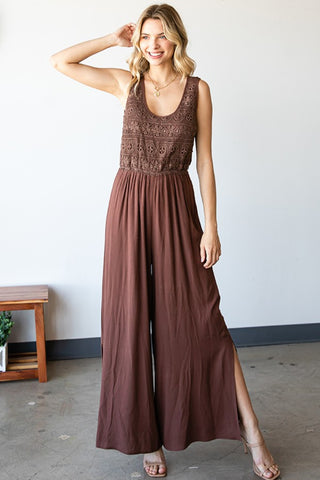 First Love Tie Back Sleeveless Slit Wide Leg Jumpsuit Trendsi