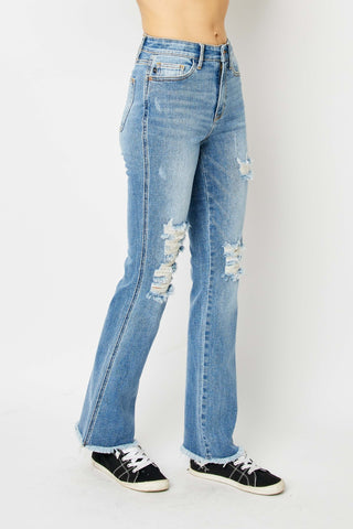 Judy Blue Full Size Distressed Raw Hem Bootcut Jeans Trendsi