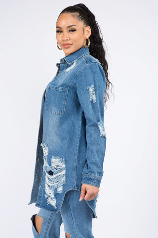 American Bazi Distressed Button Down Denim Shirt Jacket Trendsi