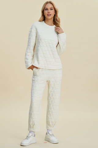 Double Take Full Size Texture Round Neck Long Sleeve Top and Pants Set Trendsi