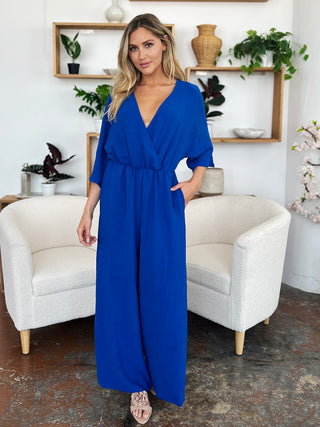 Double Take Full Size Surplice Wide Leg Jumpsuit with Pockets Trendsi