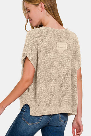 Zenana Short Sleeve Side Slit Sweater Trendsi