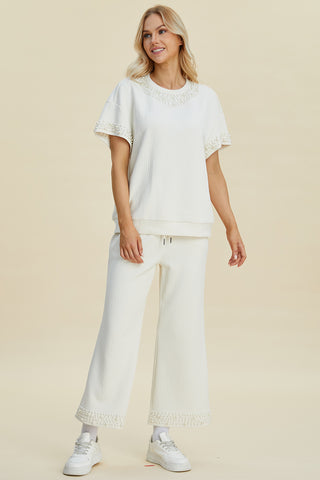 Double Take Full Size Pearl Detail Round Neck Top and Pants Set Trendsi