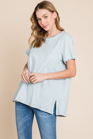 Cotton Bleu by Nu Lab Contrast Trim Short Sleeve Slit T-Shirt Trendsi