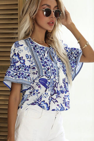 Perfee Printed Buttoned Flounce Sleeve Blouse Trendsi