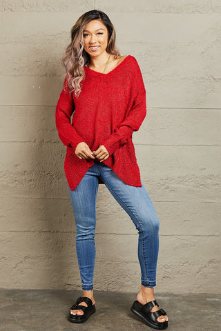 Heimish By The Fire Full Size Draped Detail Knit Sweater Trendsi