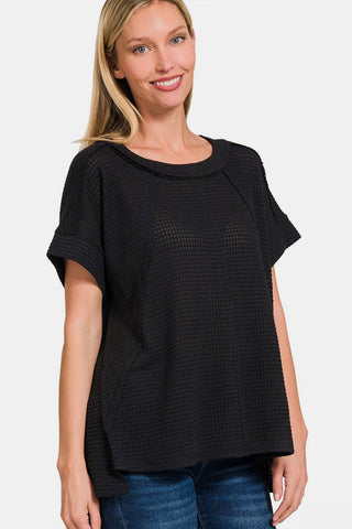 Zenana Waffle Exposed-Seam Short Sleeve T-Shirt Trendsi