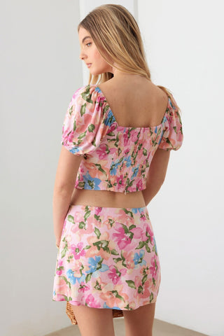 Le Lis Floral Puff Sleeve Crop Top and Mini Skirt Set Trendsi