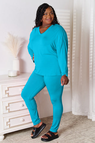 Basic Bae Full Size V-Neck Soft Rayon Long Sleeve Top and Pants Lounge Set Trendsi