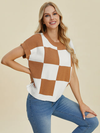 Double Take Full Size Checkered Round Neck Short Sleeve Sweater Trendsi