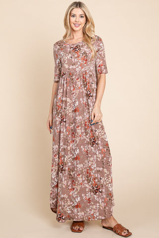 BOMBOM Printed Shirred Maxi Dress Trendsi