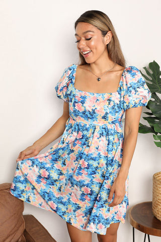 Honey Floral Square Neck Puff Sleeve Dress Trendsi