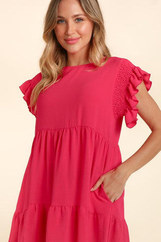 Haptics Full Size Smocking Ruffle Short Sleeve Dress with Pockets Trendsi