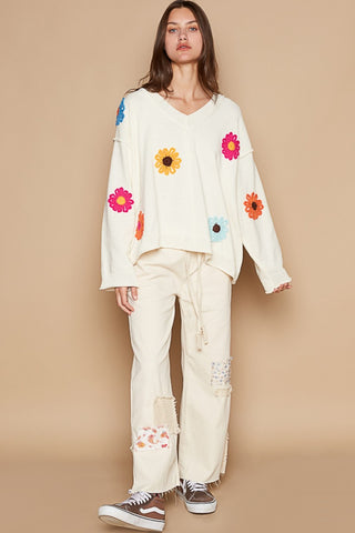 POL V-Neck Flower Patches Long Sleeve Sweater Trendsi