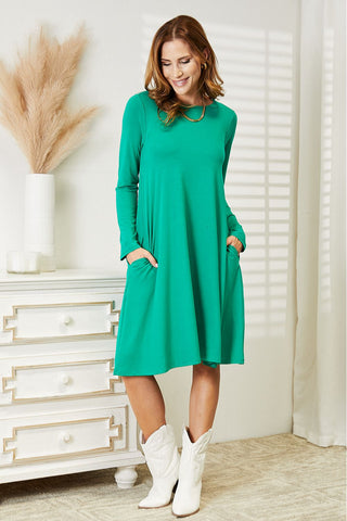 Zenana Full Size Long Sleeve Flare Dress with Pockets Trendsi