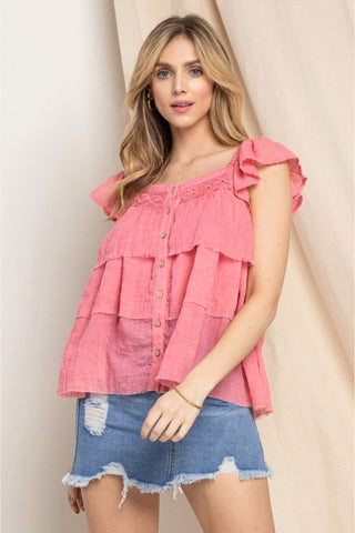 ODDI Full Size Buttoned Ruffled Top Trendsi