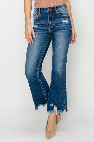 RISEN High Waist Raw Hem Flare Jeans Trendsi