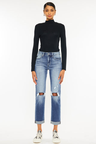 Kancan High Waist Distressed Hem Detail Cropped Straight Jeans Trendsi